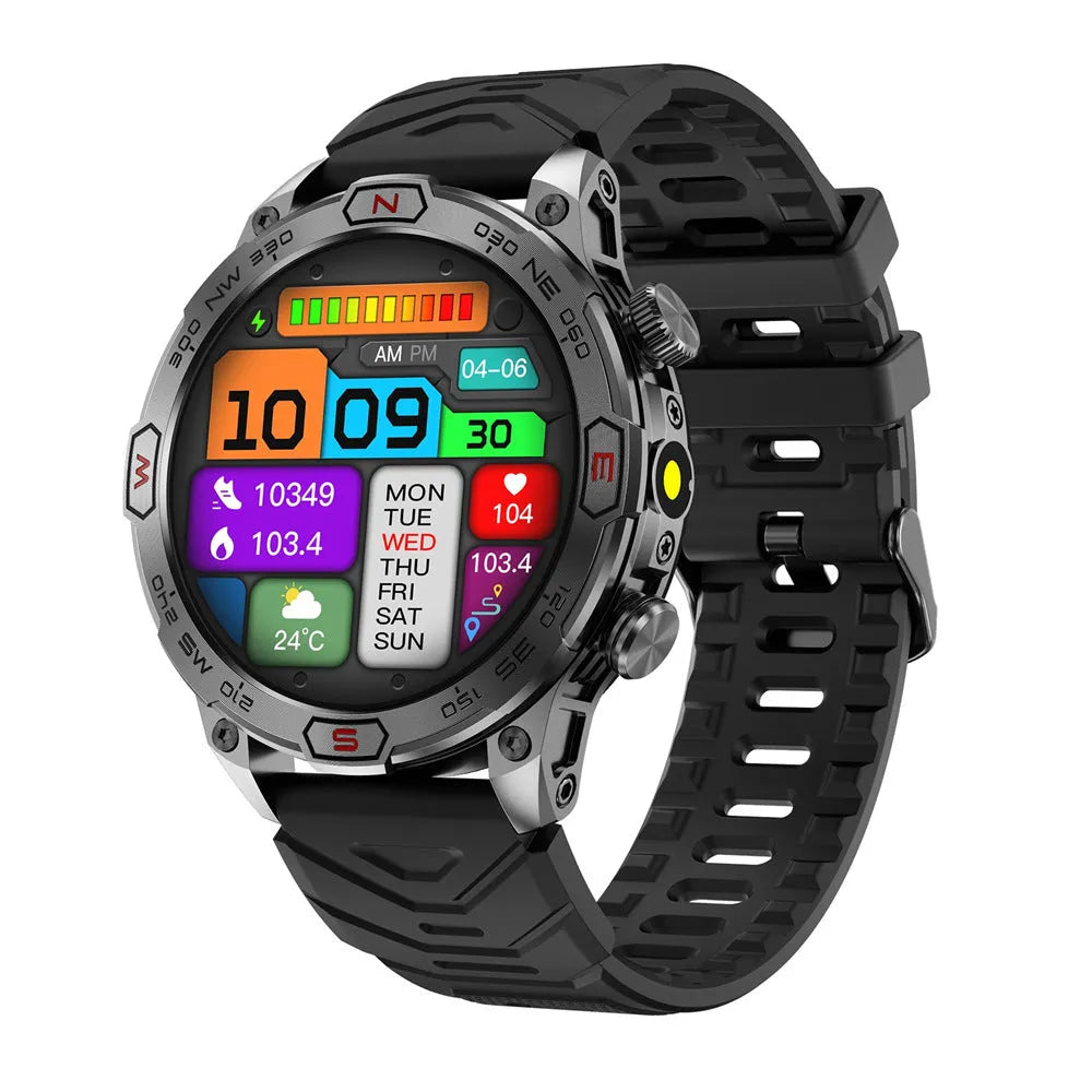 Black sports smartwatch with AMOLED screen and silicone strap on a wrist