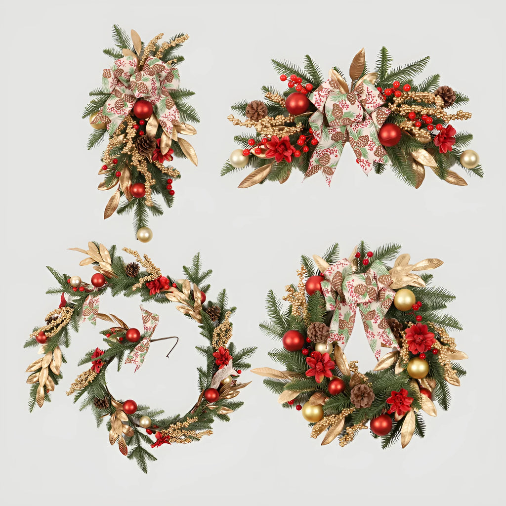 Plastic American country style Christmas garland with optional lights for stair banister or lintel decoration