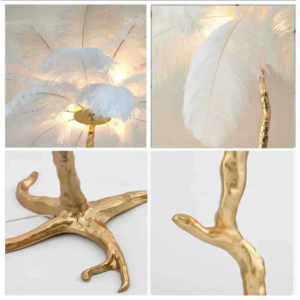Tall decorative floor lamp with a cluster of white resin feathers next to a sofa.