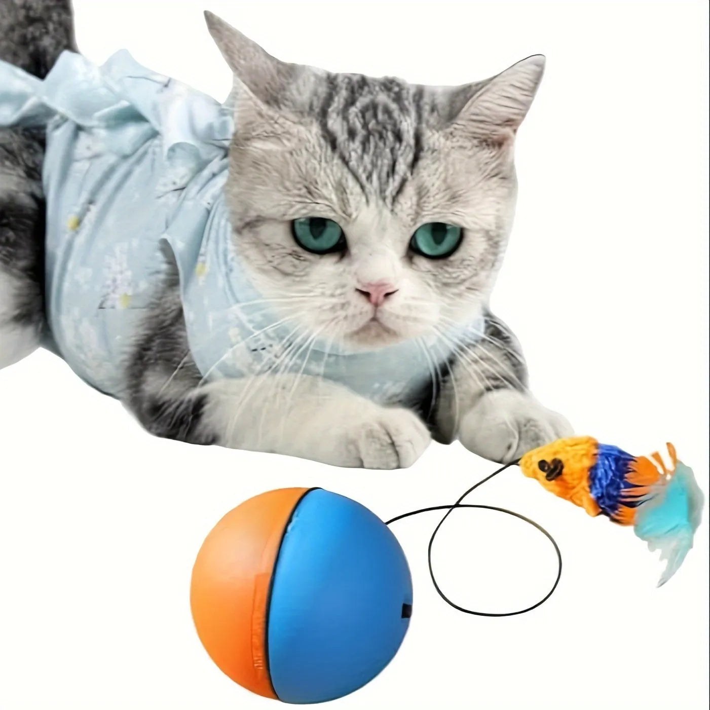 Interactive cat toy ball with blue and orange plush mouse and rolling base on floor