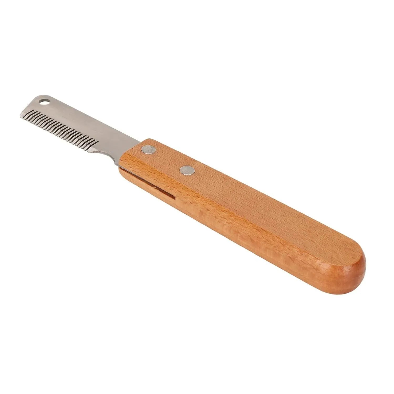 Dog stripping knife with wood handle for grooming long-haired pets in two size options