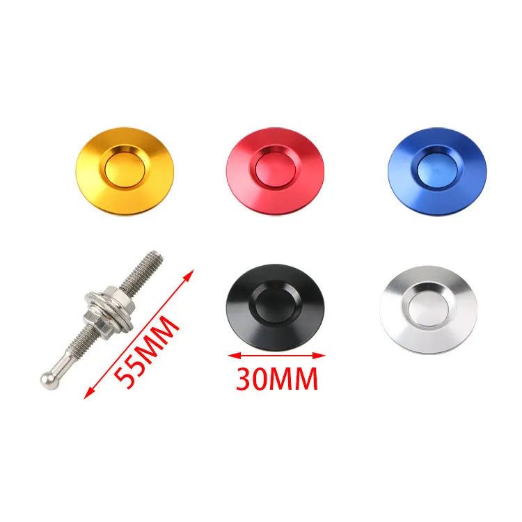 30mm diameter aluminium car engine cover lock with a button head, shown with a 55mm screw, in red finish.