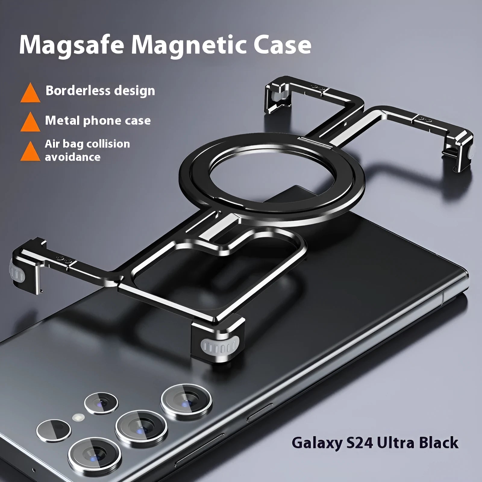 Metal drop-resistant frameless magnetic bracket case for Samsung S24 series in black with electroplated finish