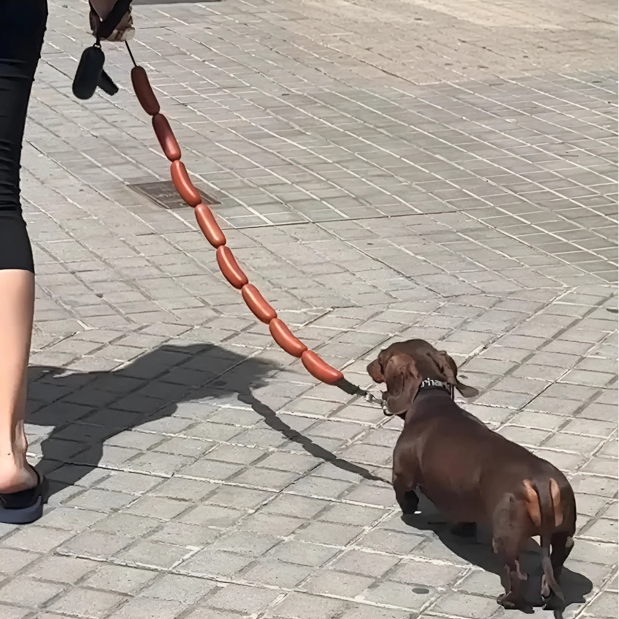 Brown three-section sausage rope toy 108cm long held by hand, pet tug and fetch rope