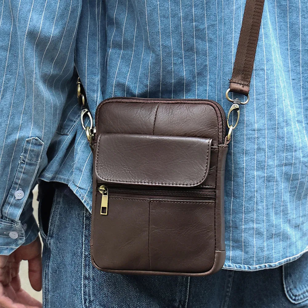 Men's brown genuine leather crossbody shoulder bag with visible sewing lines