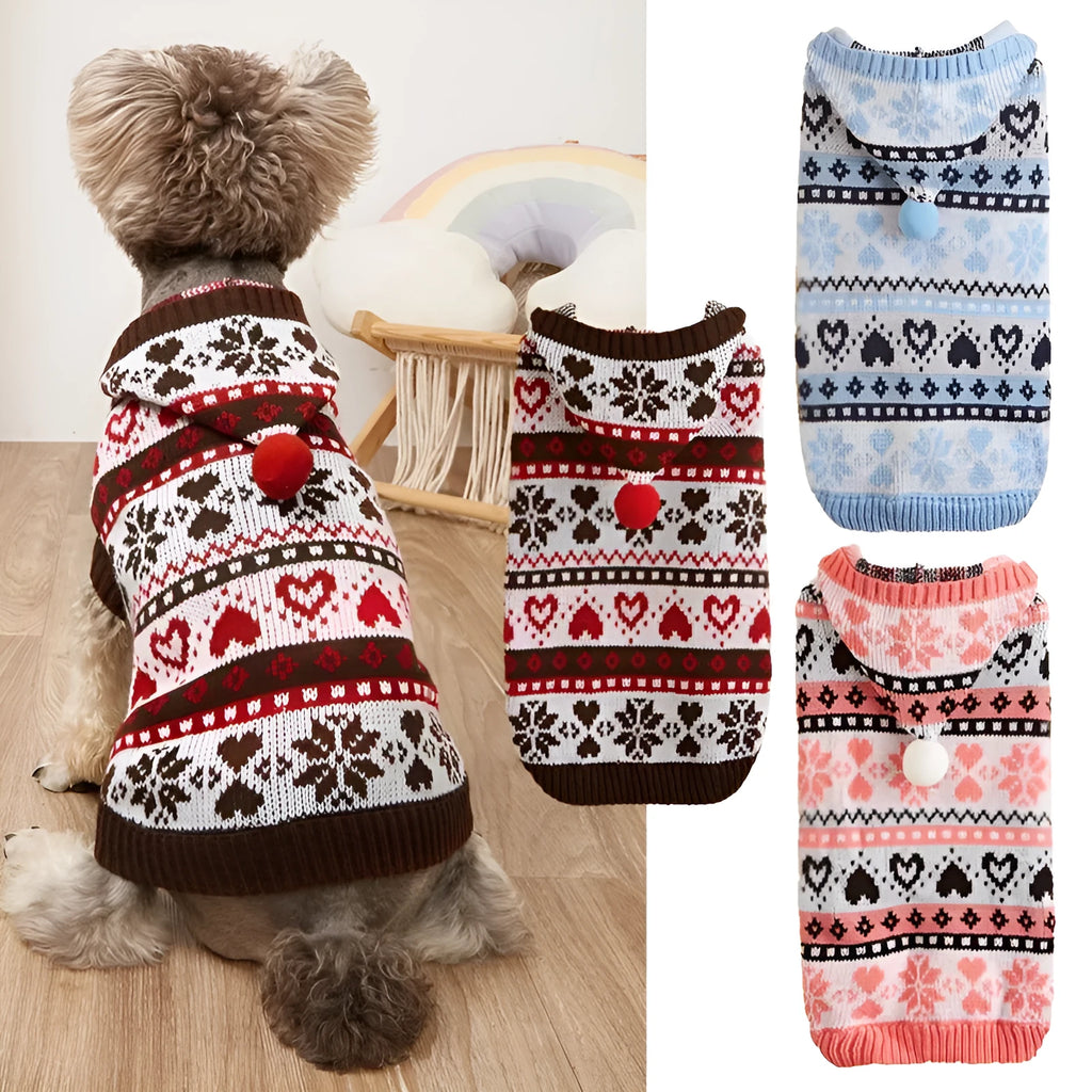 Knitted dog sweater with snowflake pattern and striped camouflage design in acrylic material