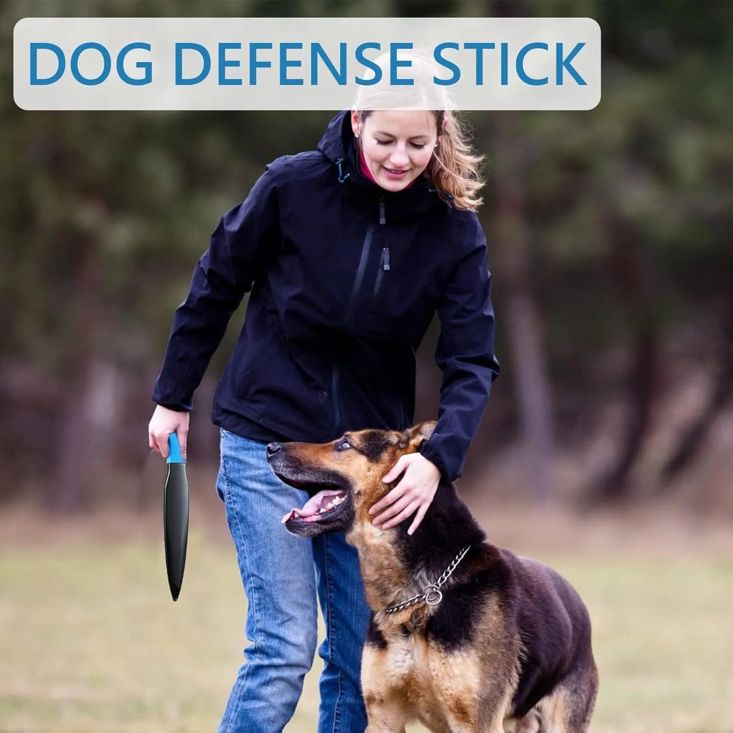 Blue-handled dog break stick measuring 35cm in length, made from nylon for training and chew toy use.