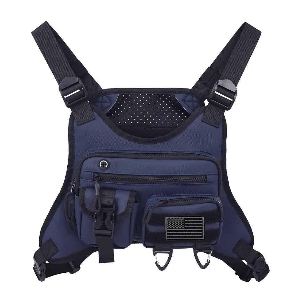 Outdoor sports chest bag in Oxford cloth with sewing line detail, available in black, blue, and gray for men