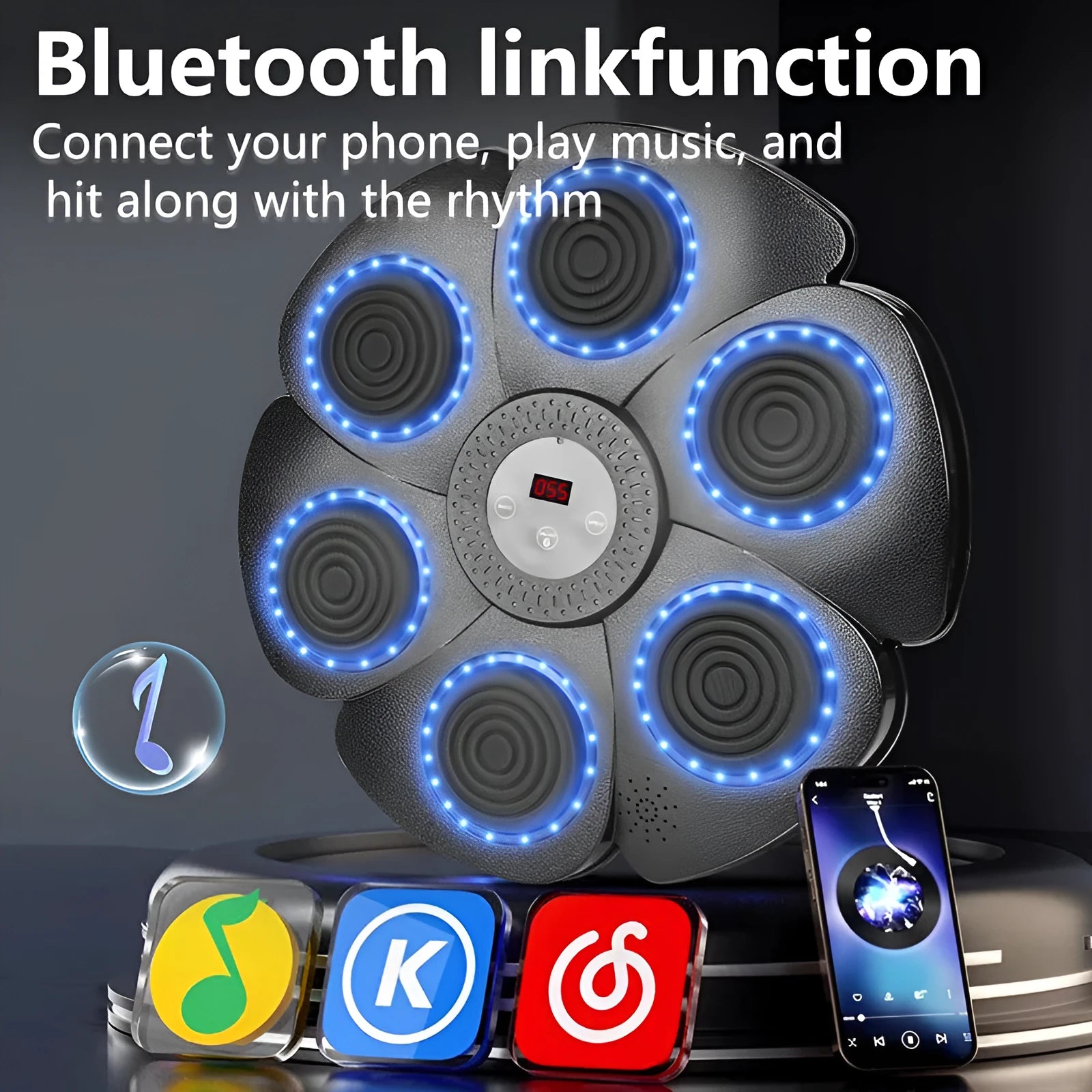 Black smart boxing target wall mounted with Bluetooth and LED lights, half-finger boxing gloves