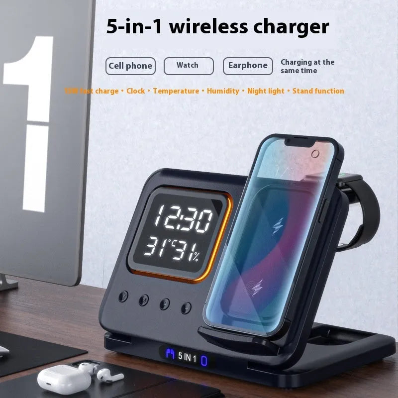 Black 5-in-1 wireless charging dock station showing phone, watch, and earbuds charging next to LED digital clock display.