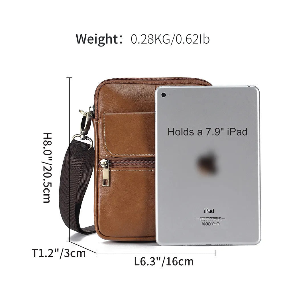 Men's brown genuine leather crossbody shoulder bag with visible sewing lines