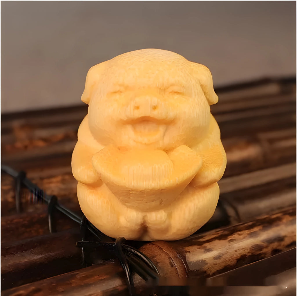 Fulu pig solid bamboo carving ornament with 4cm height and ingot pigskin shape