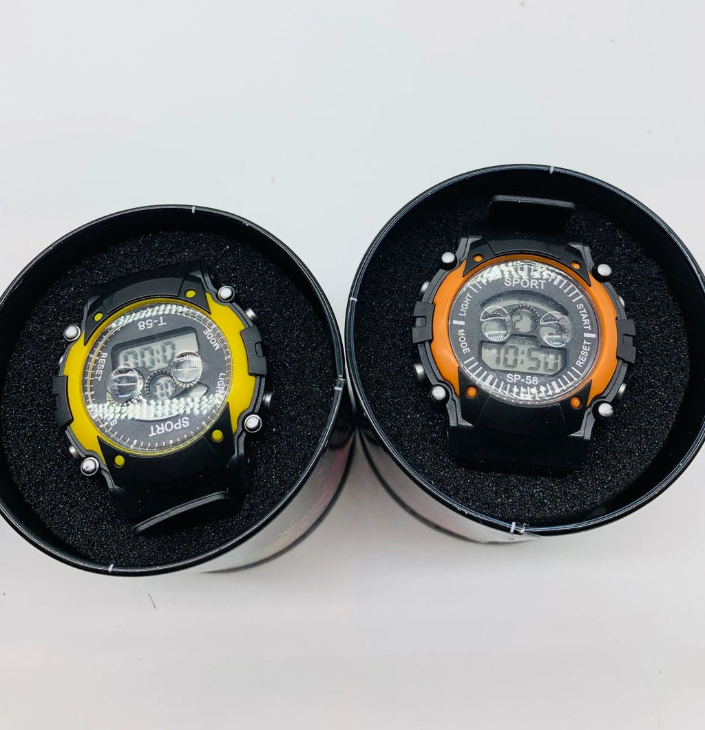 Children's digital sports watch with silicone strap, digital display showing time, alarm and calendar functions