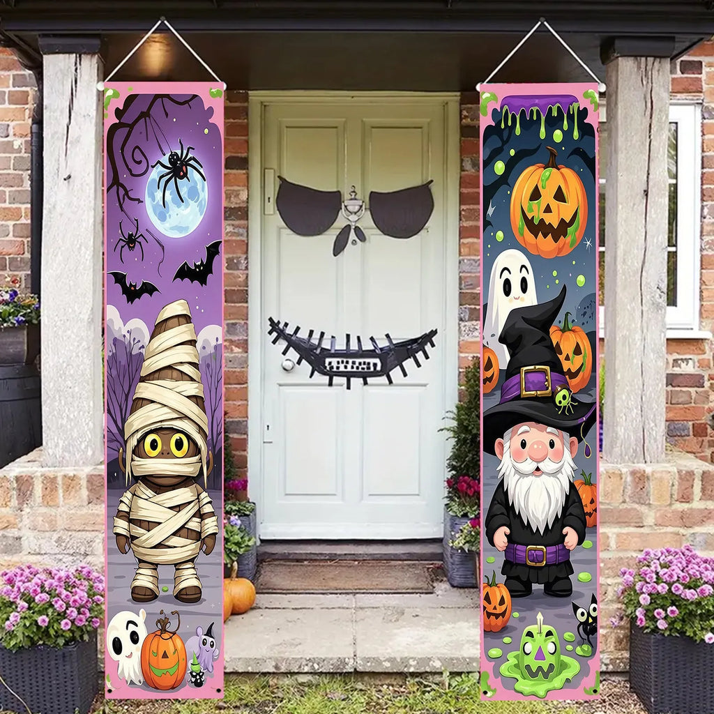 Pair of polyester Halloween couplet hanging flags, each 30x180cm, printed with traditional design