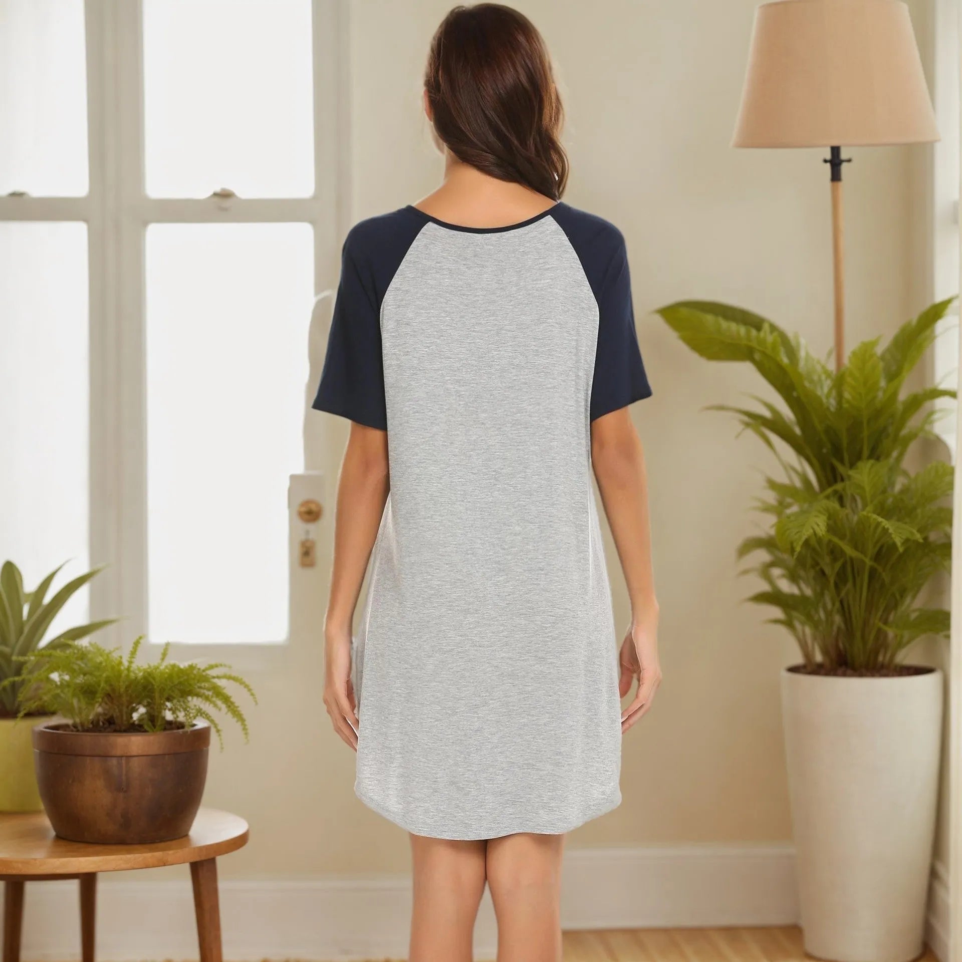 Women's colour contrast patchwork nightdress in double brushed fabric with navy or black sleeve options