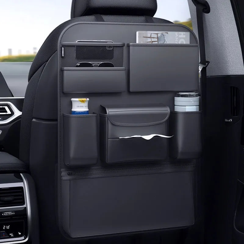 Black leather-look car seat back storage hanging bag with handle, two size options available