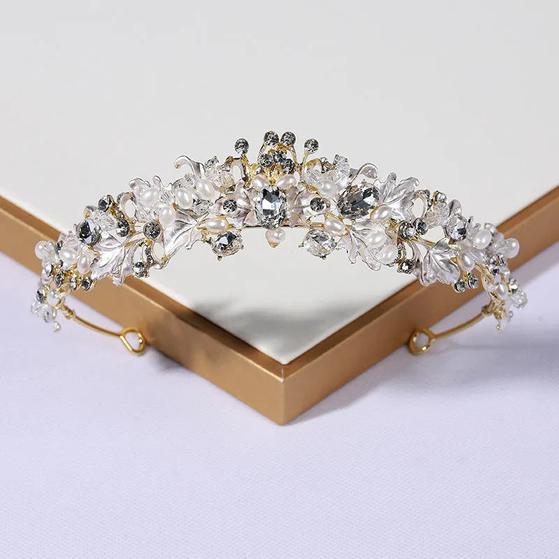 Women's pearl crown headdress with alloy construction and electroplated gold finish