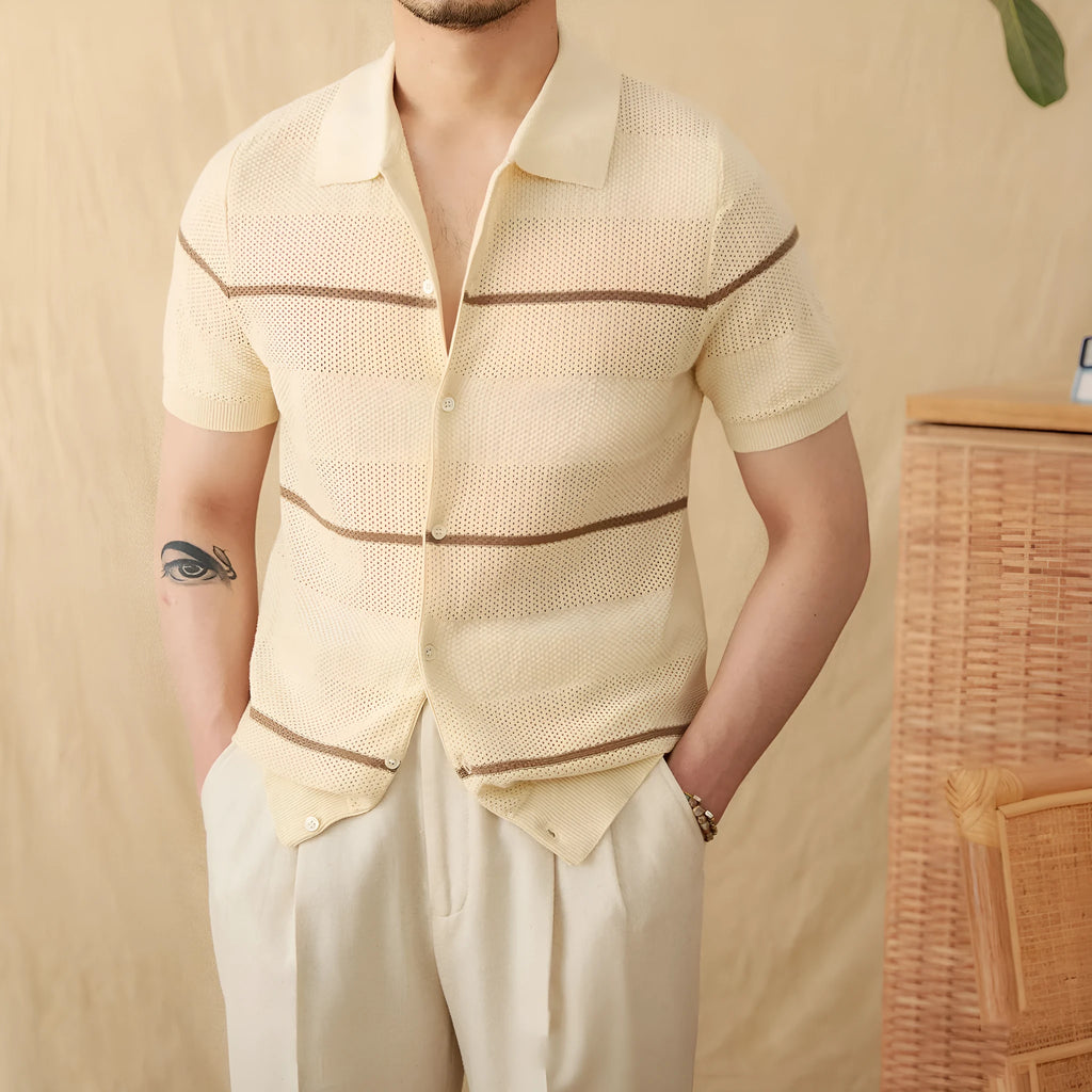 Cotton linen short sleeve knitted cardigan in camel with open front and lapel collar on a male model