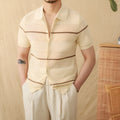 Cotton linen short sleeve knitted cardigan in camel with open front and lapel collar on a male model
