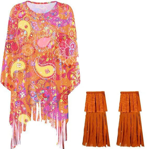 Tie dye bell sleeve cloak costume in rainbow colours, made from spandex fabric for Halloween and cosplay.