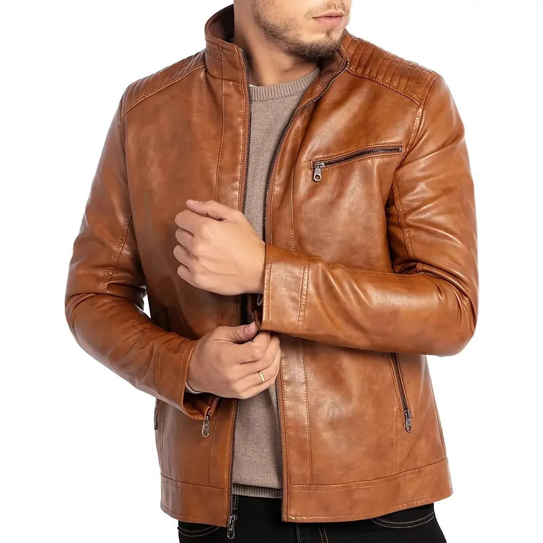 Men's artificial leather punk motorcycle jacket with stand collar in army green colour