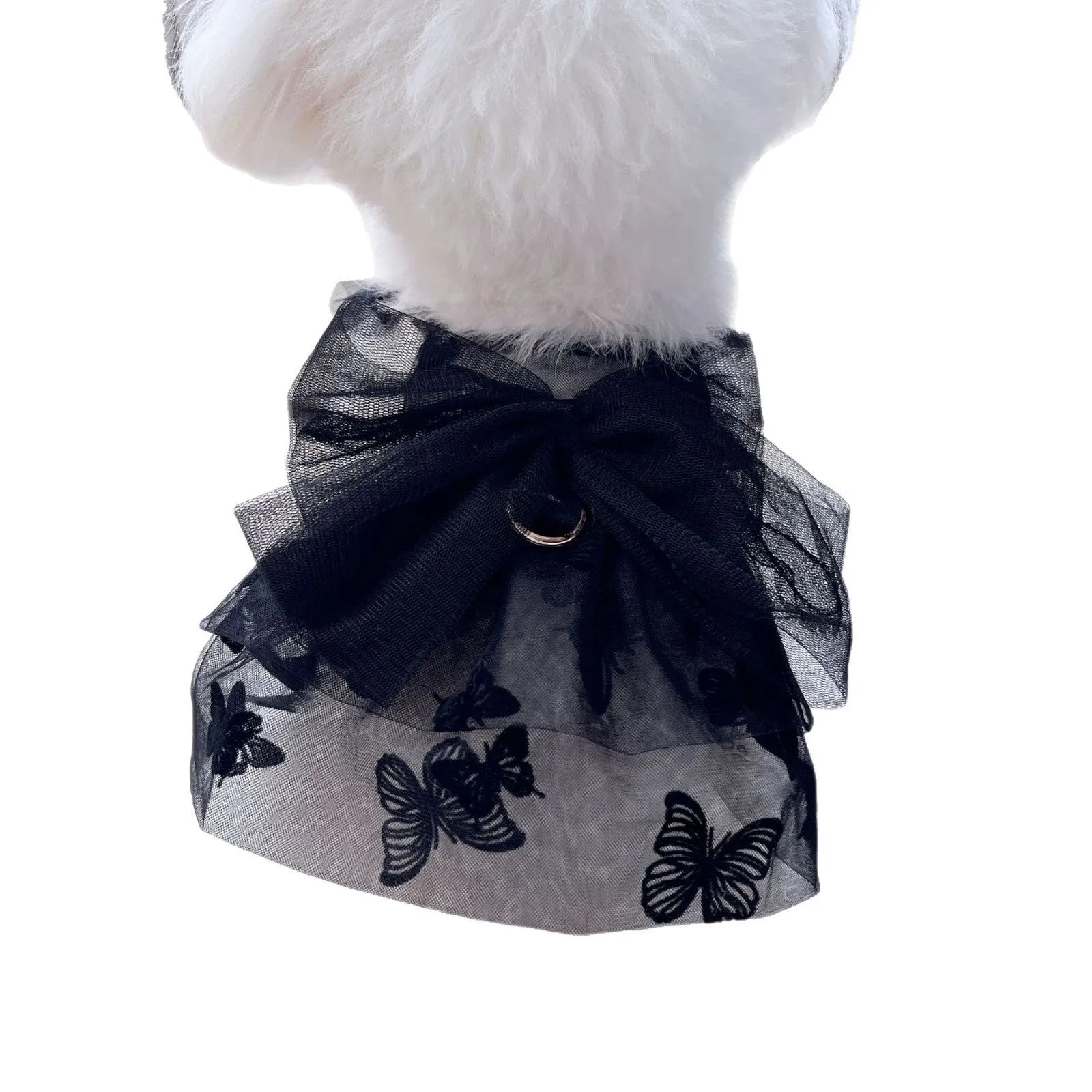 Black gauze princess tulle skirt for small dogs and cats with size chart showing XS to XL options