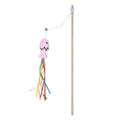 Cat wand toy with colourful ribbons, catnip fish, and bell on wooden handle for interactive play