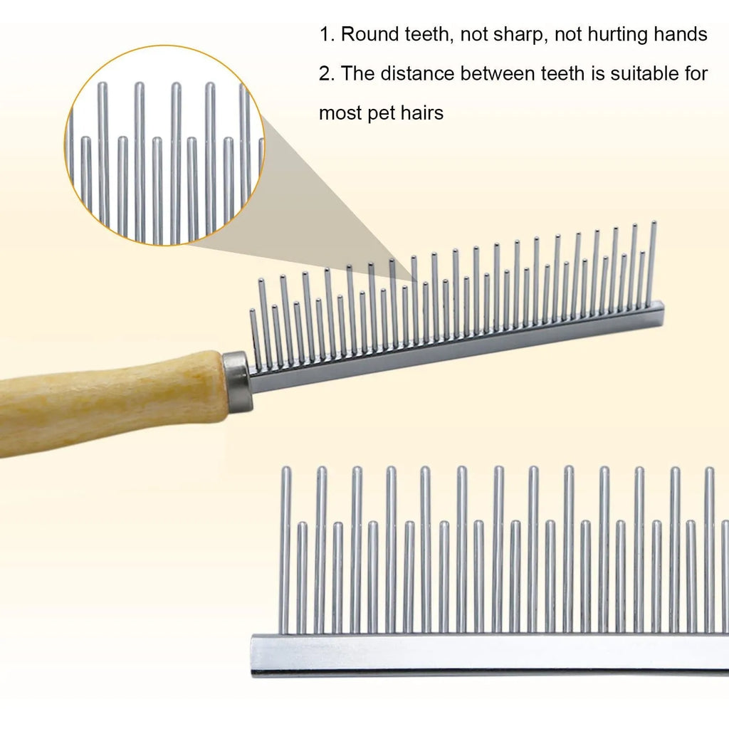 Wooden handle pet grooming comb for dogs and cats with round safety needles