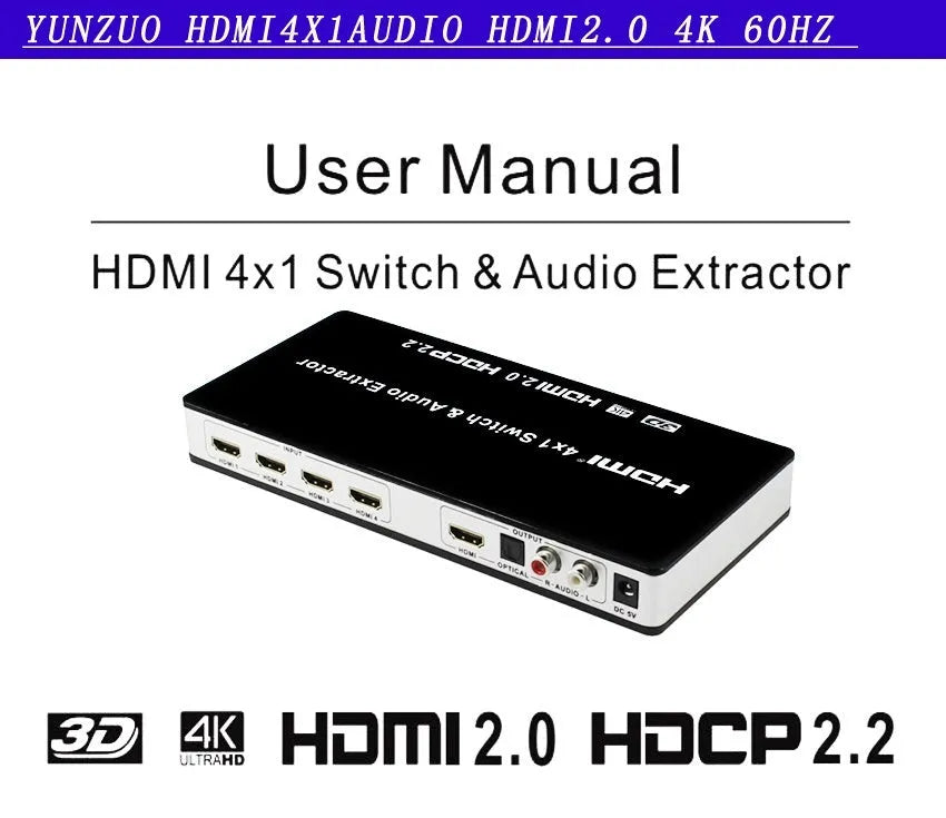 Black HDMI audio switch with remote control and 10-metre cable for 4-in-1 video switching