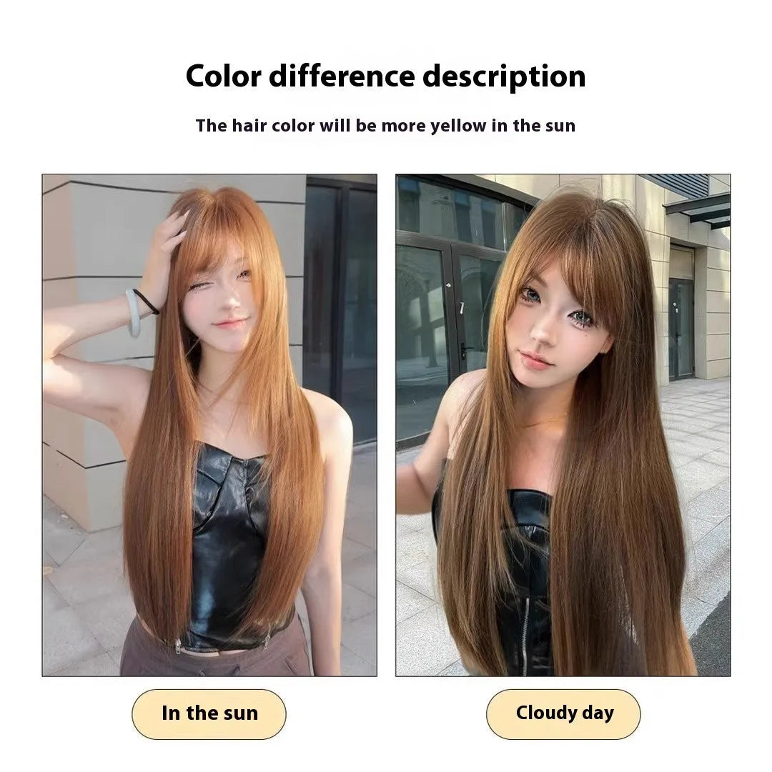 Long straight wig with bangs in warm tea chestnut brown high temperature fibre for women