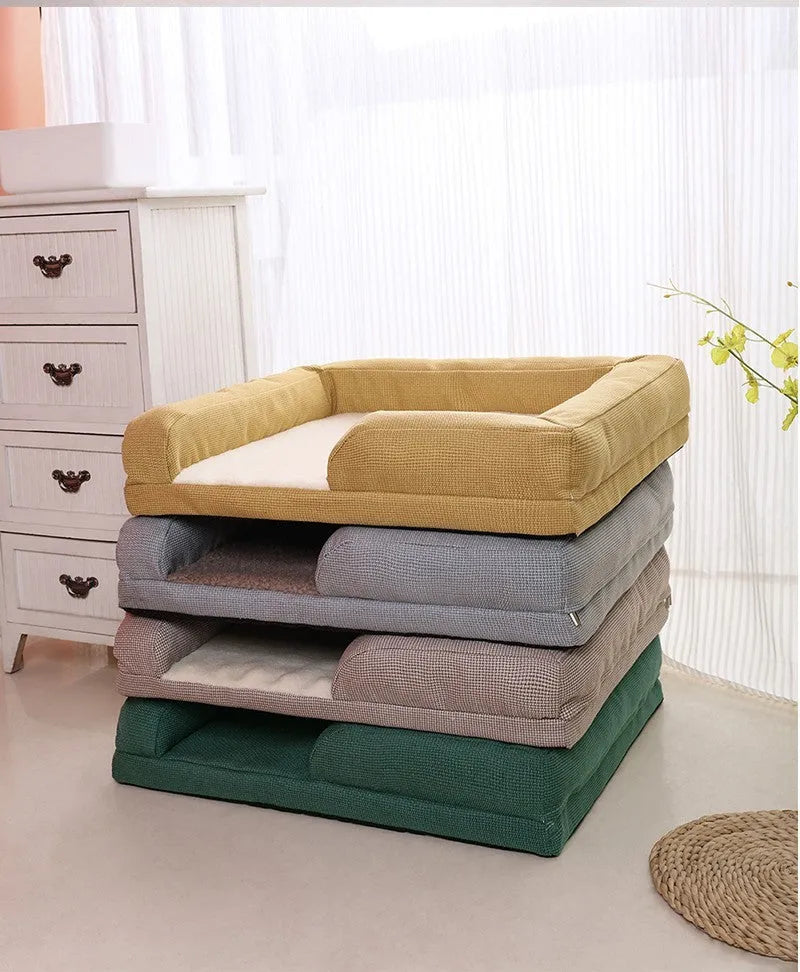 Washable pet sofa bed with lamb wool cover, high rebound PP cotton filler, available in 3 sizes and colours
