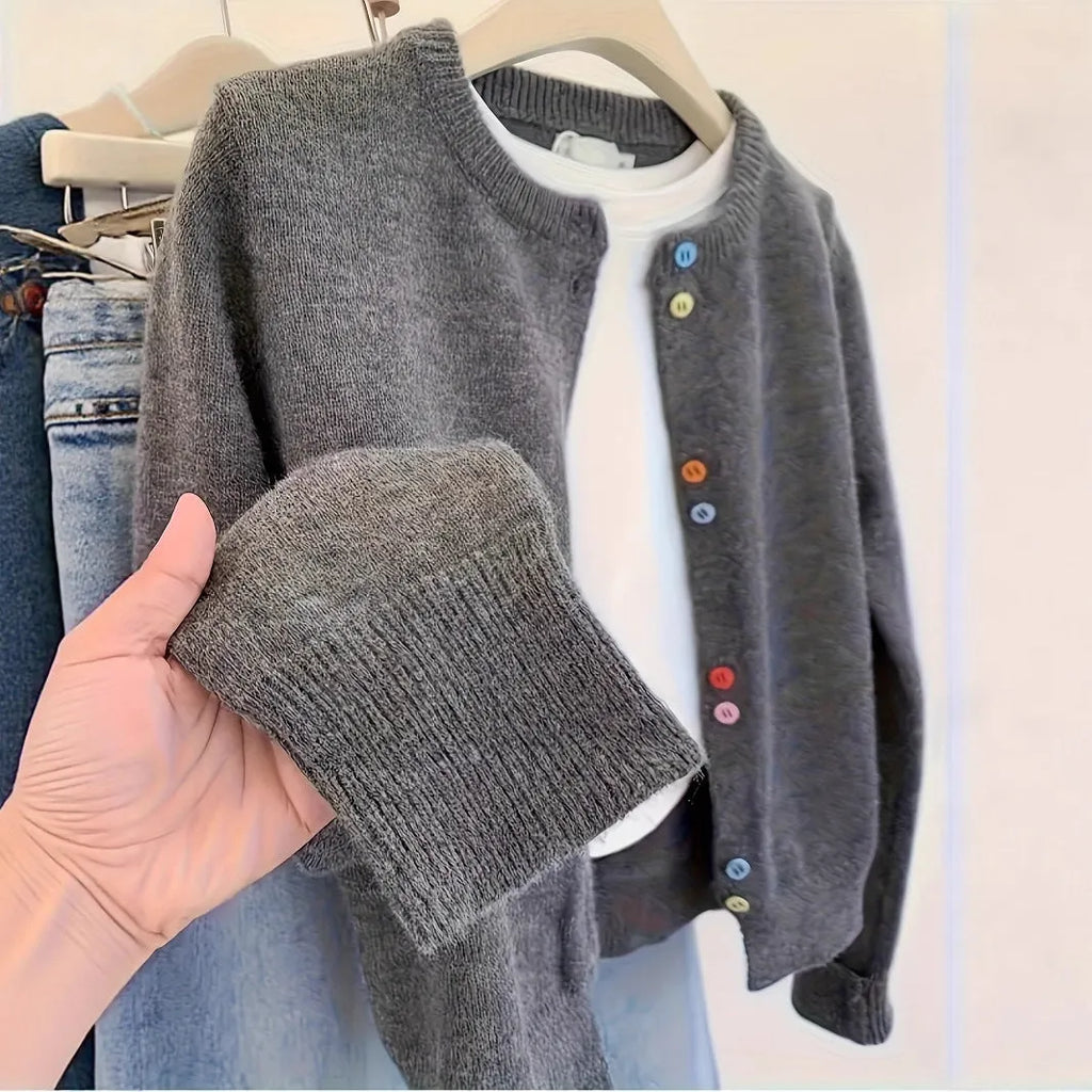 Dark grey women's button-front cardigan sweater with long sleeves for office wear