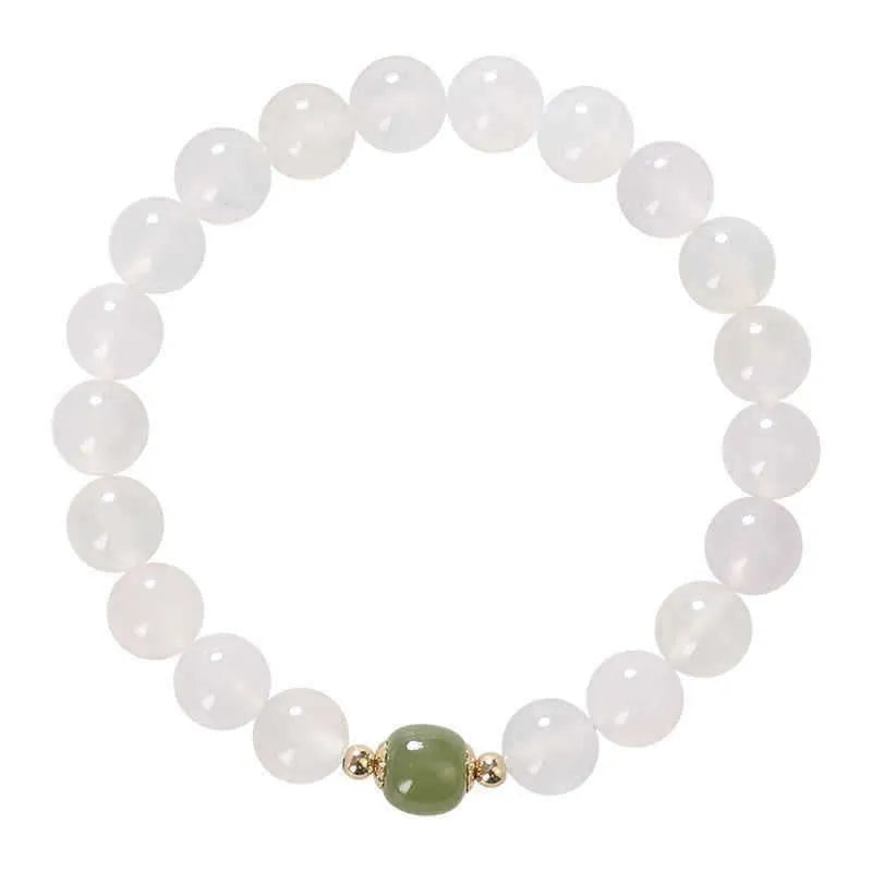 Natural white agate crystal bracelet with cinnabar inlay and lettering text on 8mm beads