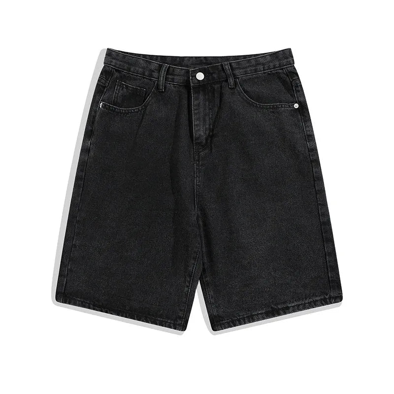 Men's light blue denim shorts with five pockets and a straight leg, shown on a hanger