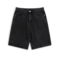 Men's light blue denim shorts with five pockets and a straight leg, shown on a hanger