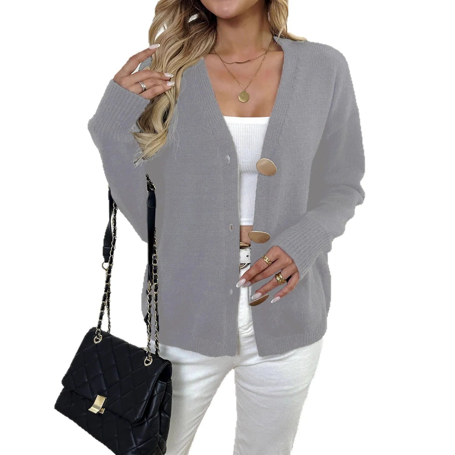 Women's grey deer plush sweater coat with long princess sleeves on a hanger.
