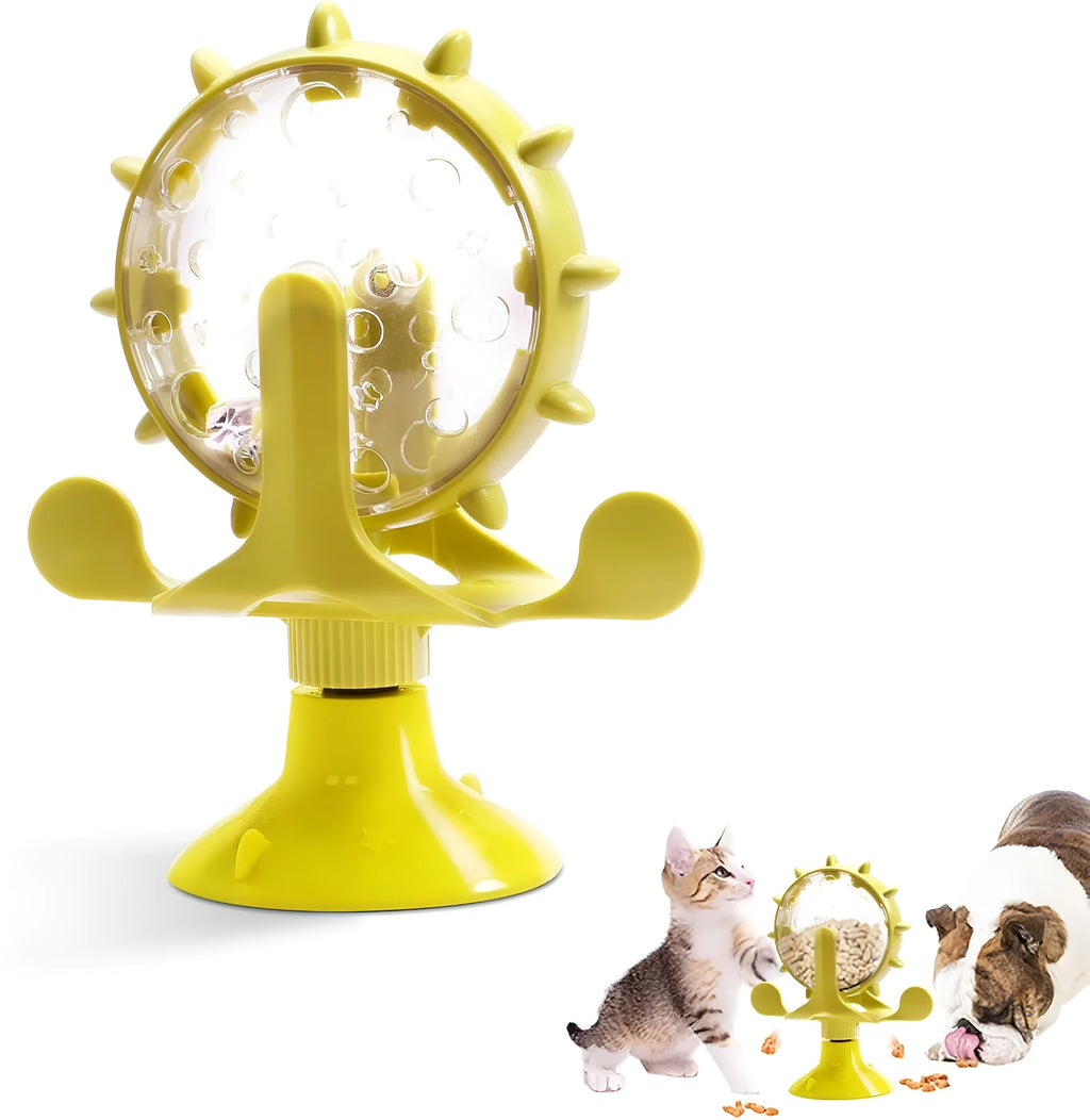Interactive pet spinner toy with food dispenser holes and floor sucker base for cats and small medium dogs