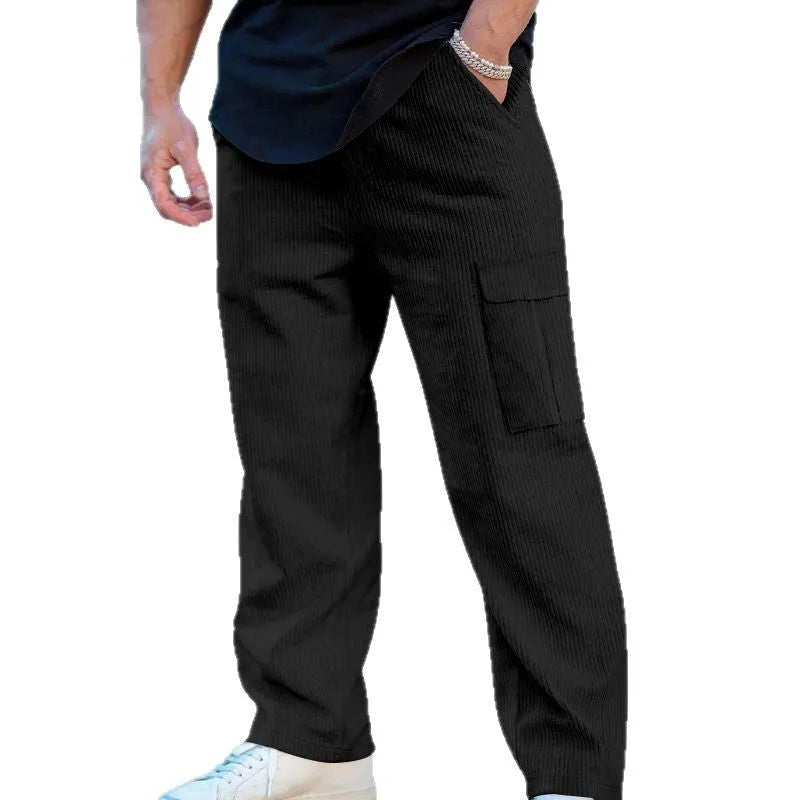 Men's straight leg corduroy cargo trousers in army green with a drawstring waist and loose wide-leg fit.