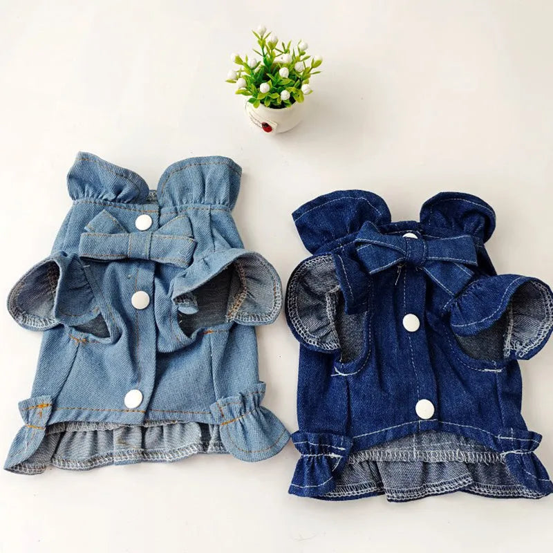 Blue denim dog dress with ruffles vest design and leash hook attachments