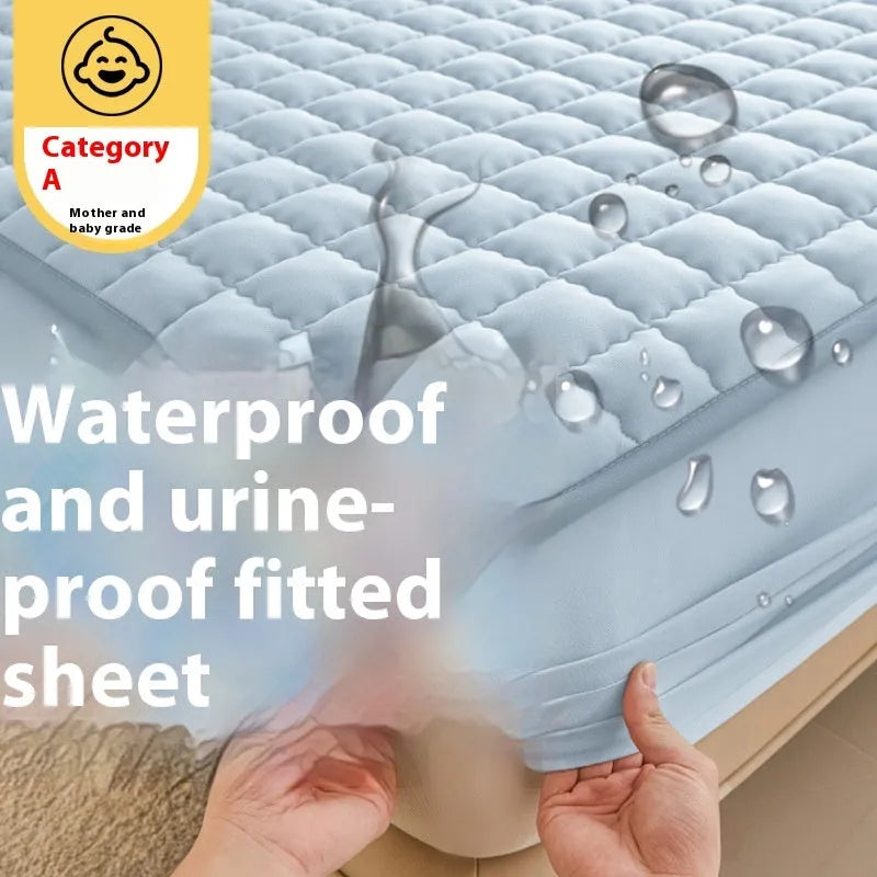 Class A waterproof fitted sheet in blue, shown stretched over a mattress corner.