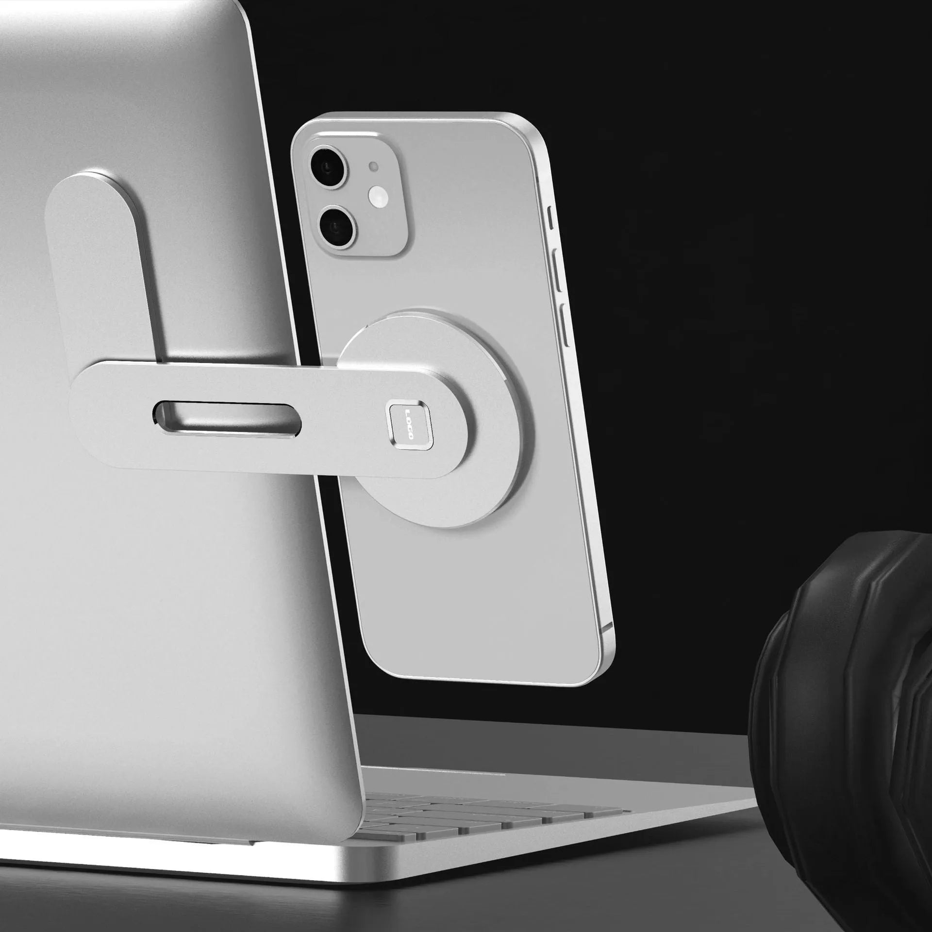 Aluminium alloy magnetic desktop bracket for Apple 12, black, with CNC anodised finish, shown on desk