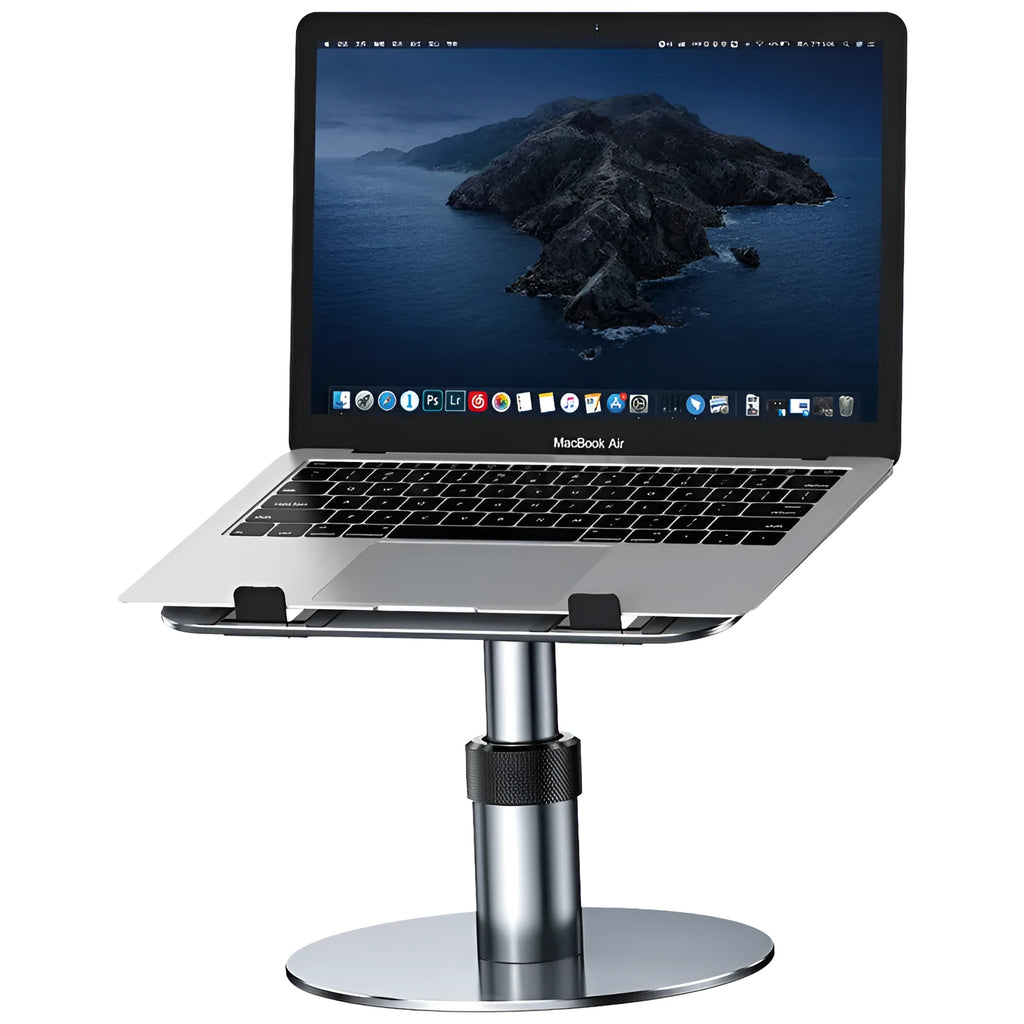 Silver aluminium car laptop stand with adjustable height and a 360-degree rotating base on a car seat.