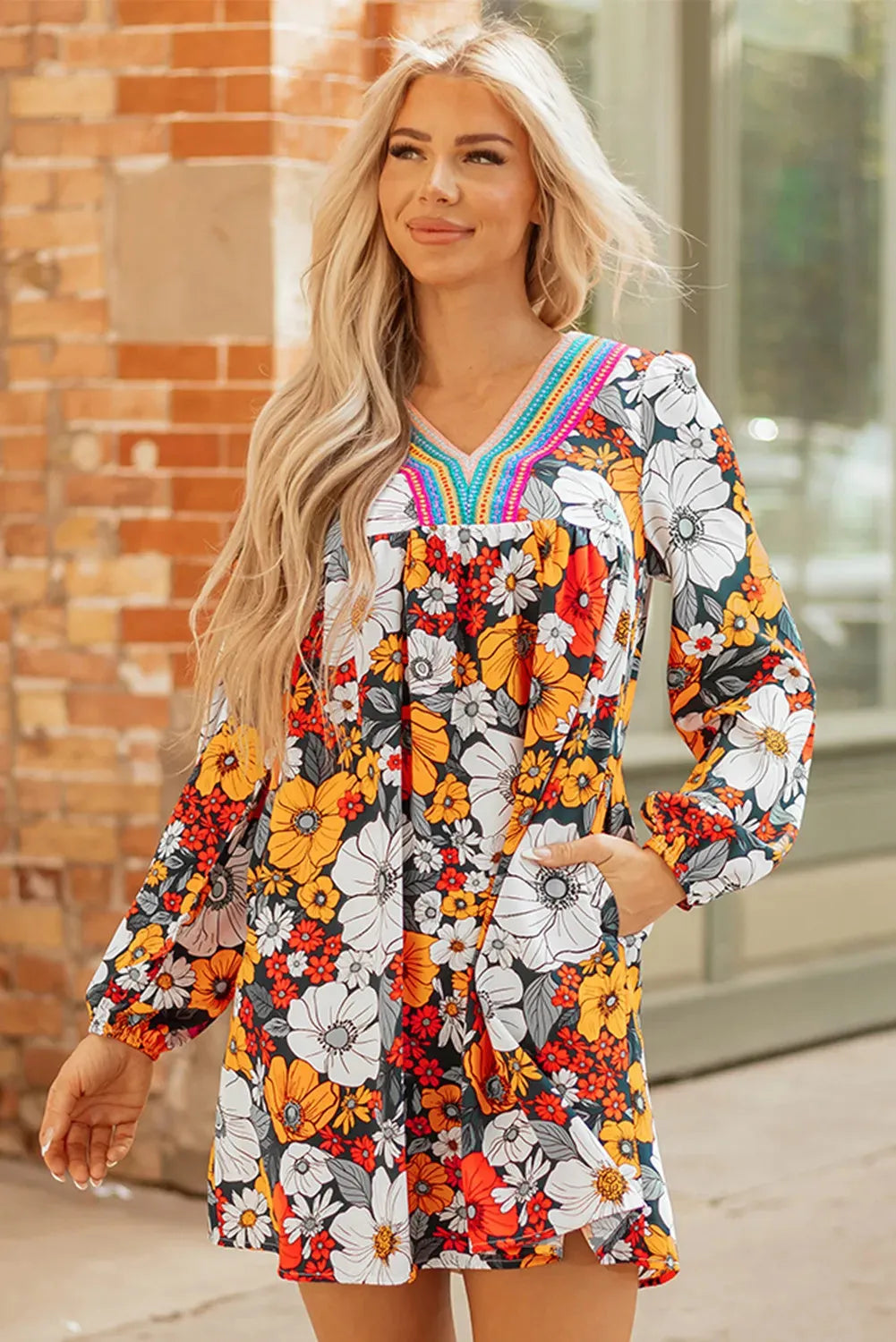 Orange floral and striped lace print V-neck mini dress with long sleeves