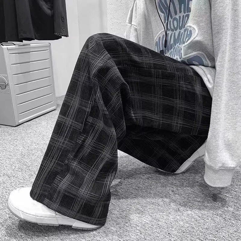 Japanese retro loose plaid trousers in black and green, mid waist, straight leg, sizes S to 3XL