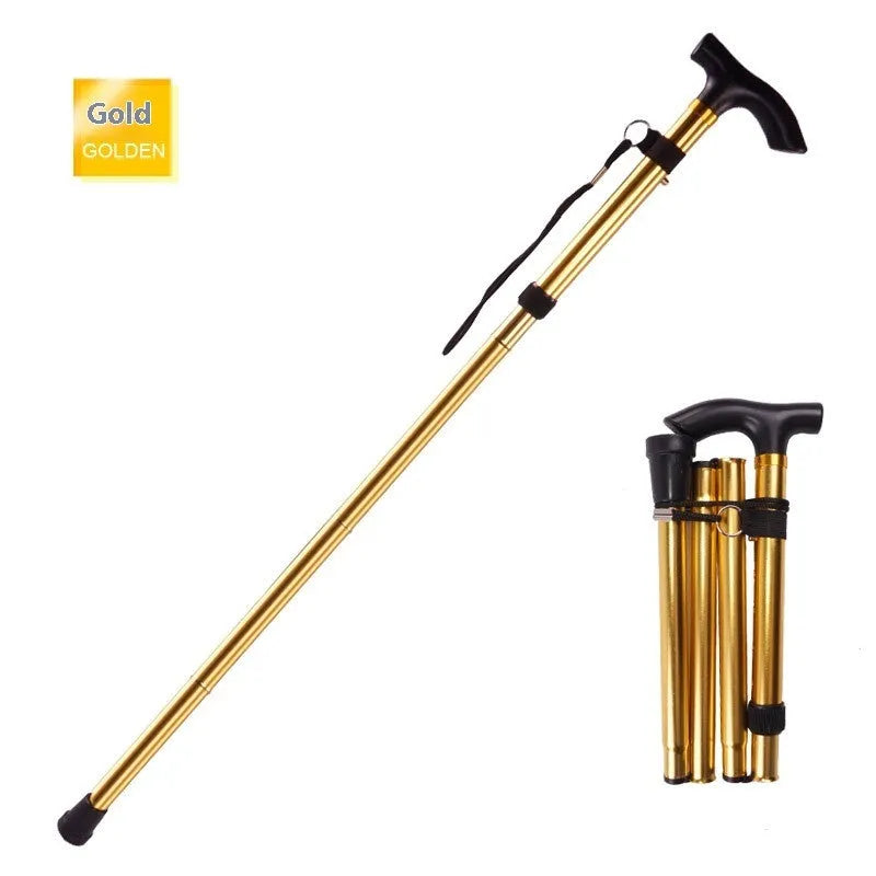 Adjustable aluminium folding walking cane in silver with non-slip rubber foot extended to full height