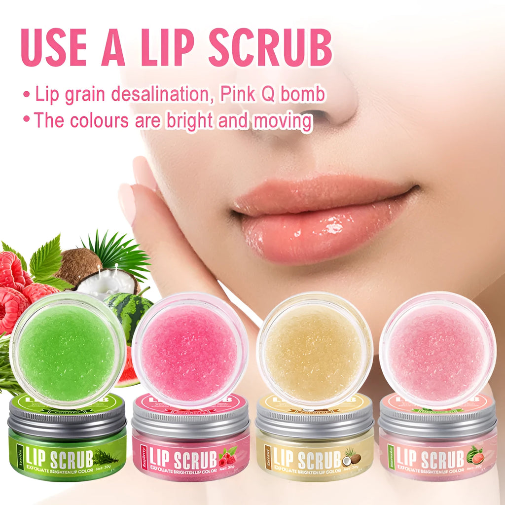30g pot of Amatoni fruit flavour lip scrub cream in coconut, raspberry, vanilla, or watermelon