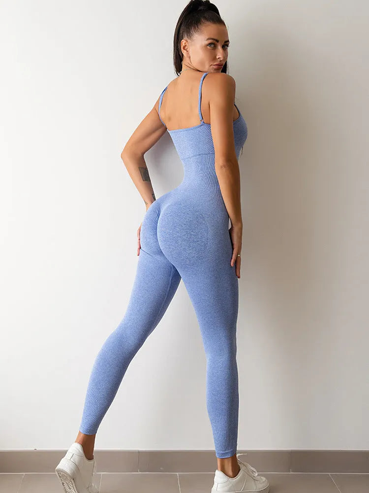 Women's black unitard jumpsuit with spaghetti straps and tummy control design