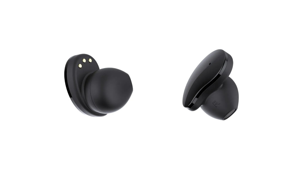 Black Bluetooth headset attached to a smart bracelet with colour screen for heart rate and step tracking.