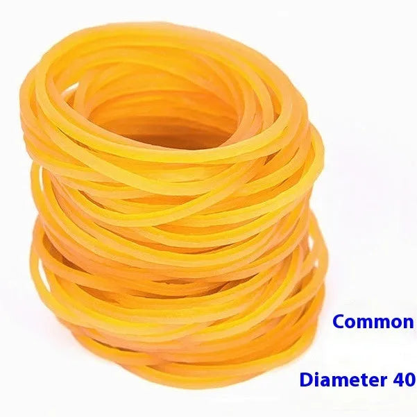 500g pack of assorted size yellow rubber bands showing diameters from 25mm to 70mm