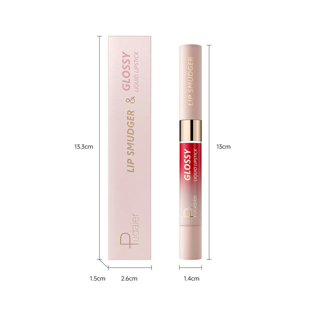 Double-headed lipstick showing matte colour and gloss ends with 10 colour options